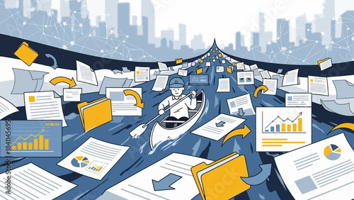 Corporate manager navigates overwhelming data flood in canoe through digital city background, concept for information management, data processing, and workflow optimization