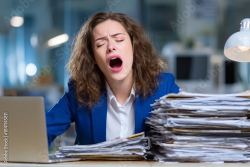 Lazy young employee woman yawning and bored with stack of paperwork or document folder on desk in office.