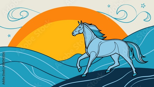 Year of horse celebration vibrant sunrise landscape illustrative art serene waves dynamic perspective