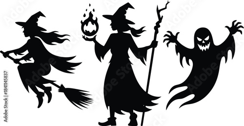 Spooky black silhouettes depict a witch on a broom, a witch with a flaming orb, and a scary ghost