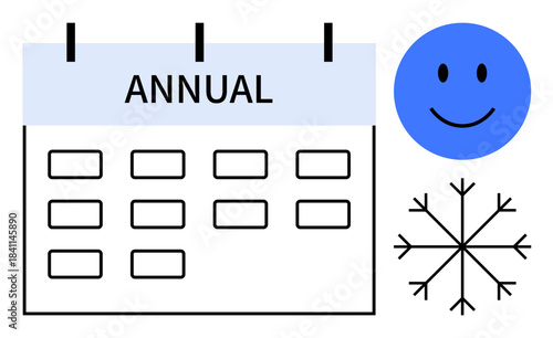 Annual calendar theme. Annual planning involves schedule management, event tracking, and holiday monitoring. Useful for organizing events and yearly activities. Ideal for time management, planning