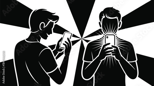 Two male silhouettes engaging with smartphones on a striking black and white radial ray background