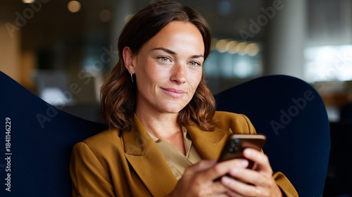 Woman using phone in waiting area.