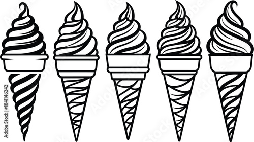 Five black and white soft serve ice cream cone icons