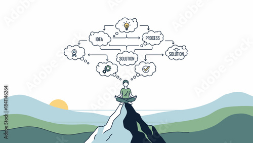 Businessman meditating atop mountain visualizing idea process and solution flow chart concept for strategic planning, problem-solving workshop and creative brainstorming