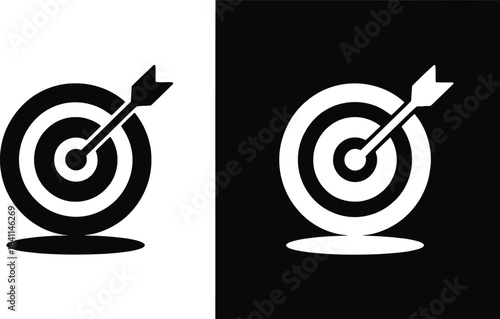 Two target icons with an arrow hitting the bullseye on contrasting black and white backgrounds