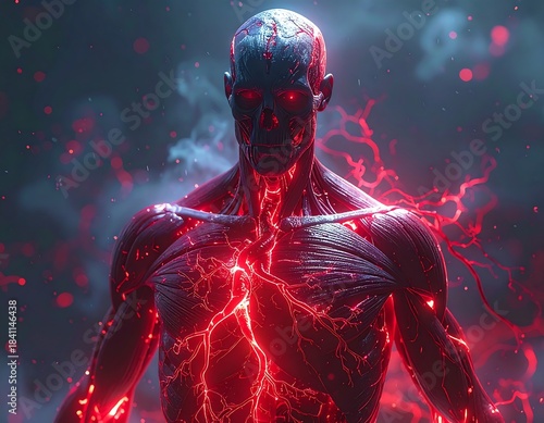Torso of a glowing skeletal figure, dark ambiance, red veins, glowing eyes