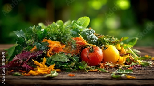 Colorful Vegetable Scraps Artfully Arranged on Wooden Table Surface
