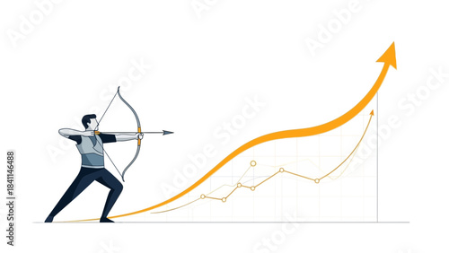 Businessman archer aiming at a rising stock market chart with an upward trending arrow, concept for financial success, strategic planning, and performance goal achievement