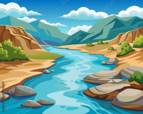 River flowing through a canyon valley Vector