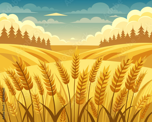 Wheat field and sunrise illustration Vector