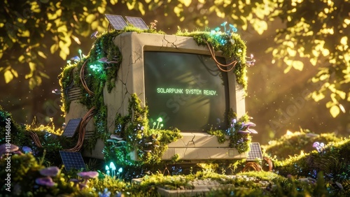 Solarpunk Computer in Lush Nature Vintage Computer Green Technology Sustainability