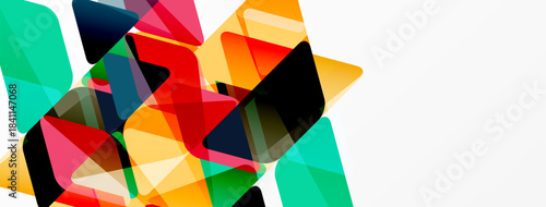 Abstract geometric shapes overlap, creating vibrant color contrasts against white background. Dynamic composition suggests movement, energy.