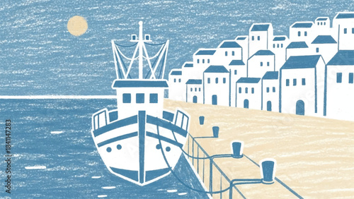 A charming, simplified hand-drawn illustration depicting a rustic fishing trawler moored at a seaside port or harbor. The vessel is tied to the dock near a tightly clustered row of minimalist, white c