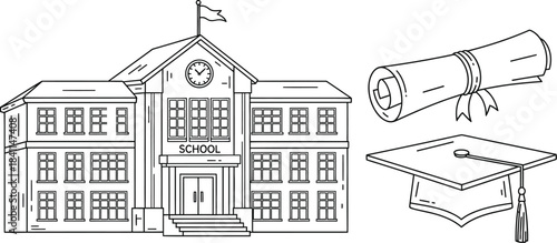 School building, diploma, and graduation cap line art icons