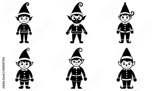 Six smiling elves wearing black and white festive outfits with pointed hats on white background