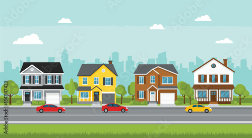 Colorful suburban neighborhood vector illustration with houses, trees, cars, and city skyline for real estate, community, and landscape design projects