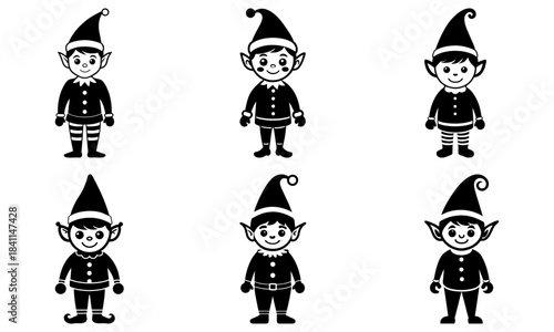 Six smiling elves with black hats and outfits on white background costume silhouette