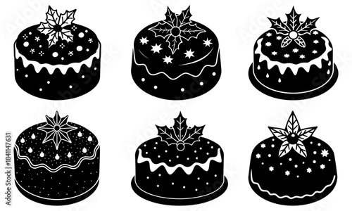 Christmas Themed Black Cakes with Snowflake and Holly Decorations on White Background