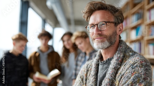 Man in library with bookshelf, students, beard, glasses, sweater, tie, hair, balding, mustache.