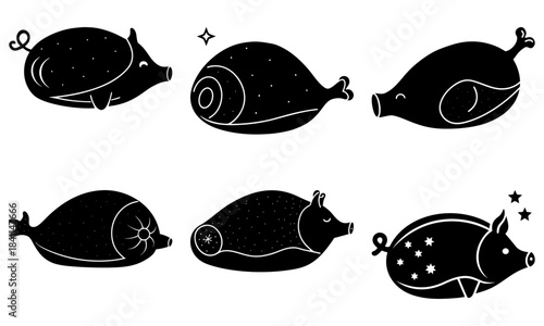 Five black pig meat cut silhouettes with star patterns on white background