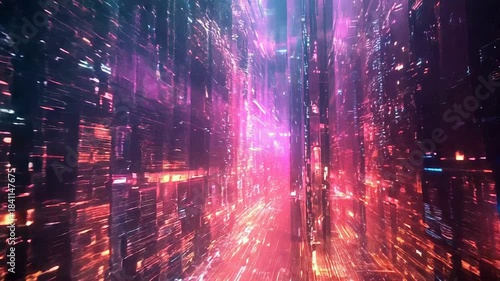 Futuristic cyberpunk city transmitting digital data streams