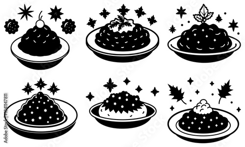 Six desserts with star and leaf decorations on white background plate stars