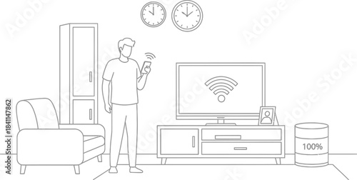 Man using smartphone near TV with strong wifi signal connection