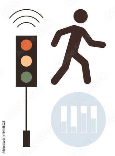 Traffic light with wireless signal, pedestrian icon, and bar chart, reflecting technology, safety, data monitoring, and smart city planning. Ideal for transportation, connectivity safety