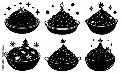 Six black festive puddings with star and moon decorations in bowls on white background stars