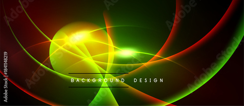 Abstract vibrant design features flowing curves, bright colors, central glow. Dynamic composition creates modern visual impact.