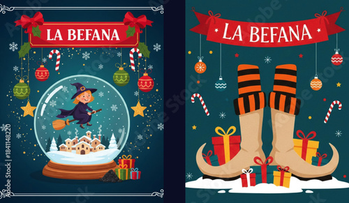 Befana Italian Christmas tradition card vectors featuring La Befana flying on broomstick with gifts and stars, Epiphany holiday illustration set inspired by Italian folklore, festive Befana greeting c