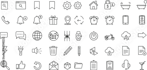 Comprehensive line icon vector set featuring interface, communication, tools, navigation, alerts, documents, and essential UI design symbols