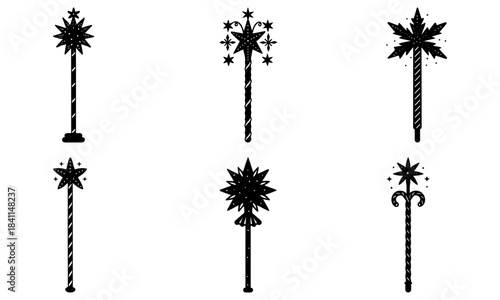 Five Different Star- Tipped Magic Wands on White Background sparkle star-tipped