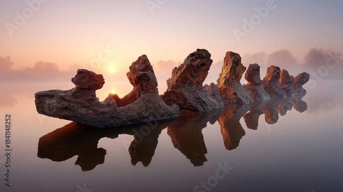 Serene Lake with Skeletal Fragments Emerging from Misty Water at Dawn