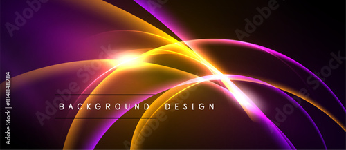 Abstract dynamic lines, vibrant purple, orange hues. Modern design, glowing effects create energy, depth. Background features text elements.