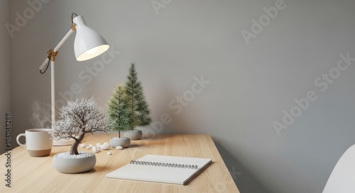 Wallpaper Mural Minimalist wooden desk setup with a glowing white lamp, an open notebook, a mug, and two small decorative trees against a grey wall. Torontodigital.ca