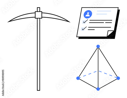 Pickaxe tool for mining, document with profile and checklist, and geometric pyramid wireframe. Ideal for data extraction, resource management, engineering, education, analytics, technology strategy