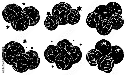 Cluster of black cauliflower florets with stars on white background