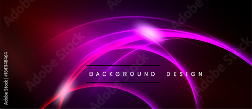 Abstract design features vibrant curves, gradients. Pink, purple hues dominate dark background. Modern aesthetic, dynamic composition.