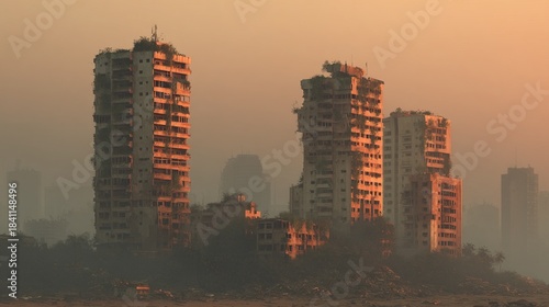 Apocalyptic Scene with Skeletal Fragments of Abandoned Structures at Dusk