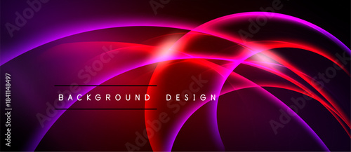 Abstract vibrant design features flowing curves, gradients. Purple, red hues dominate dark background. Text reads background design.