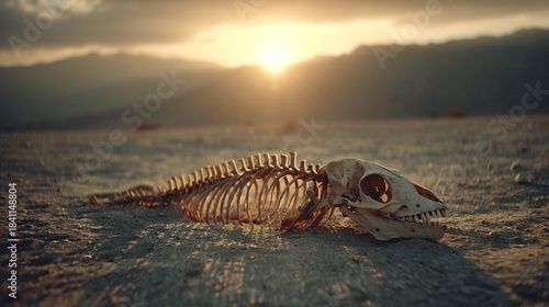 Fragments of a Skeleton Lying in Desert Landscape at Sunset