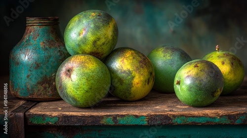 Fresh Fruit Scattered on Rustic Wooden Tabletop with Insects
