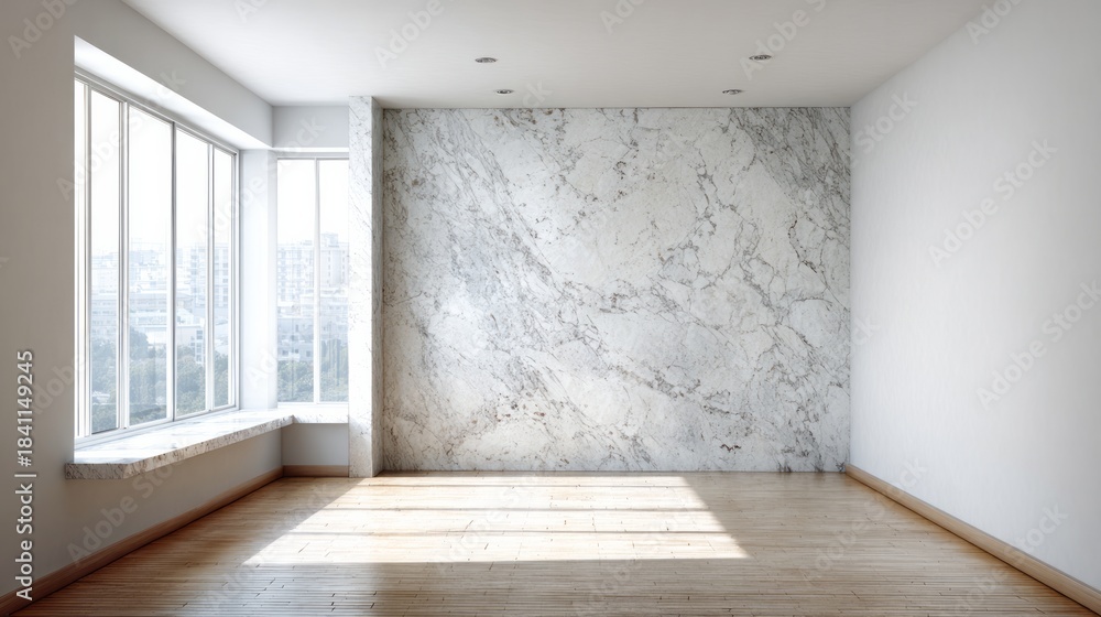 Obraz premium Sunlit empty room features marble wall and large windows.