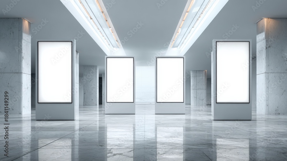 Naklejka premium Mockup of four vertical advertising screens in a minimalist space for brand promotion, marketing, and announcements