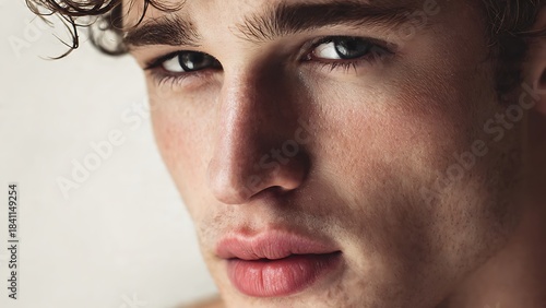Close-up portrait of a handsome young man with curly hair and intense blue eyes looking directly at the viewer.