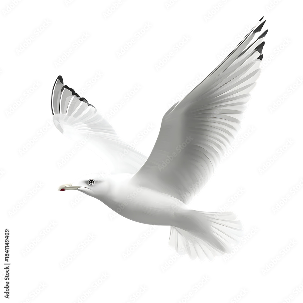 Obraz premium Graceful Seagull in Flight, Transparent Background, Detailed Feather Illustration