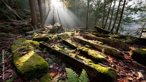 Sunlight Shining Through Trees on Ancient Forest Floor with Fragments