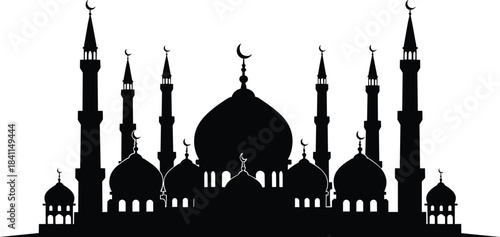 Detailed Islamic Mosque Silhouette Vector Illustration, Traditional Black Design for Ramadan Kareem, Eid Al-Fitr, and Religious Themes